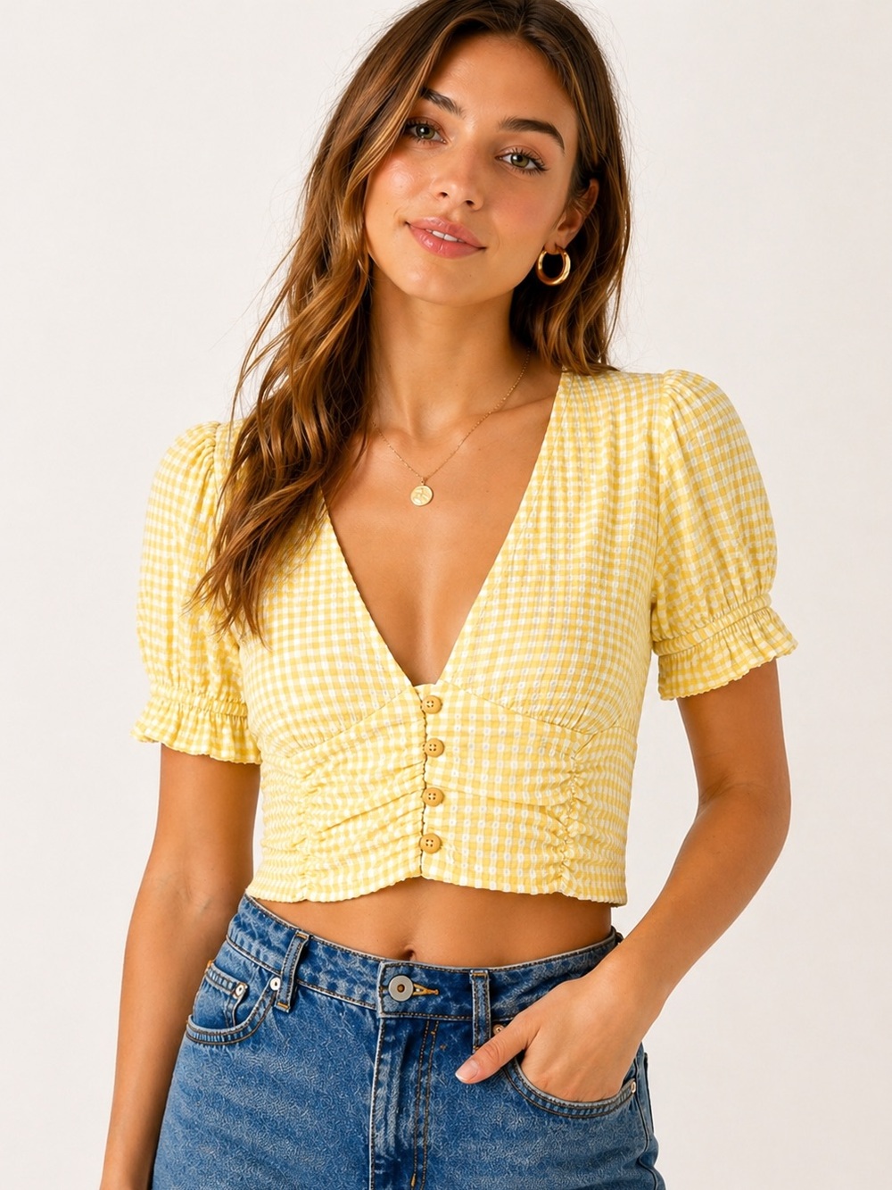 Timing Yellow White Gingham Crop Top M | Puff Sleeve Button Front Blouse